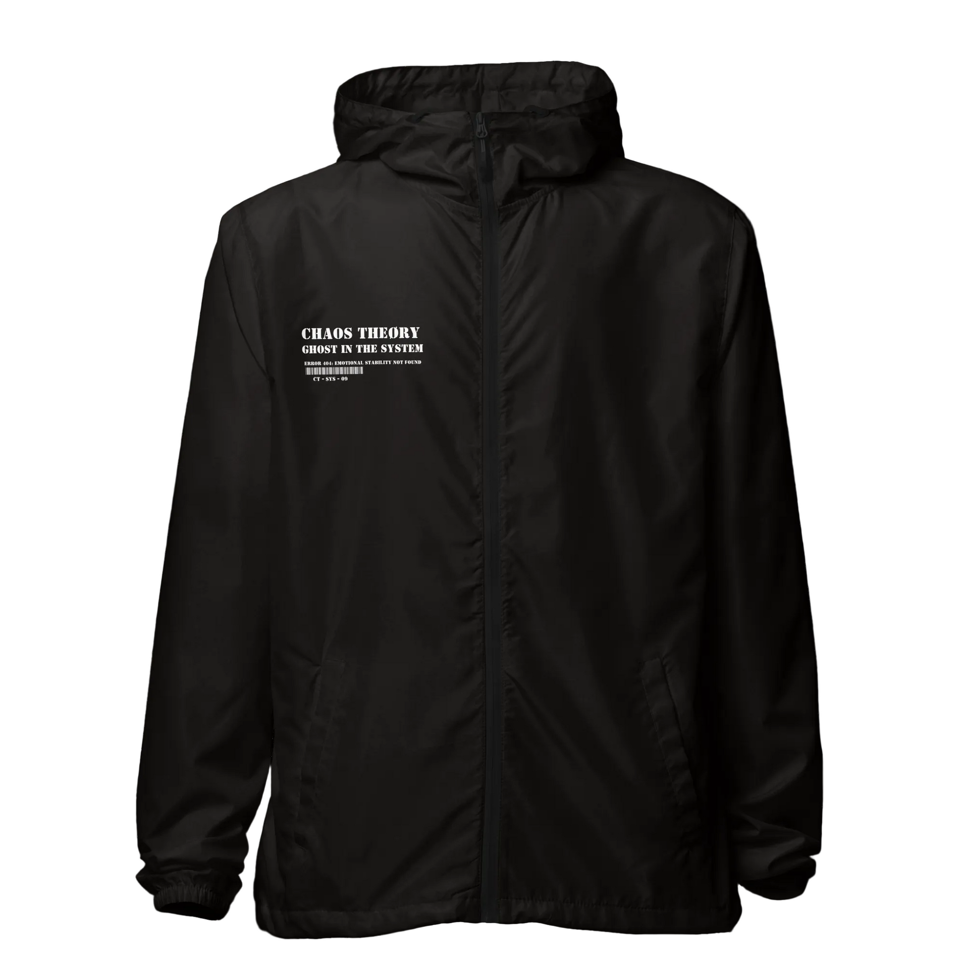 Back view of Ghost in the System Windbreaker showing skull graphic and feeling everything text design