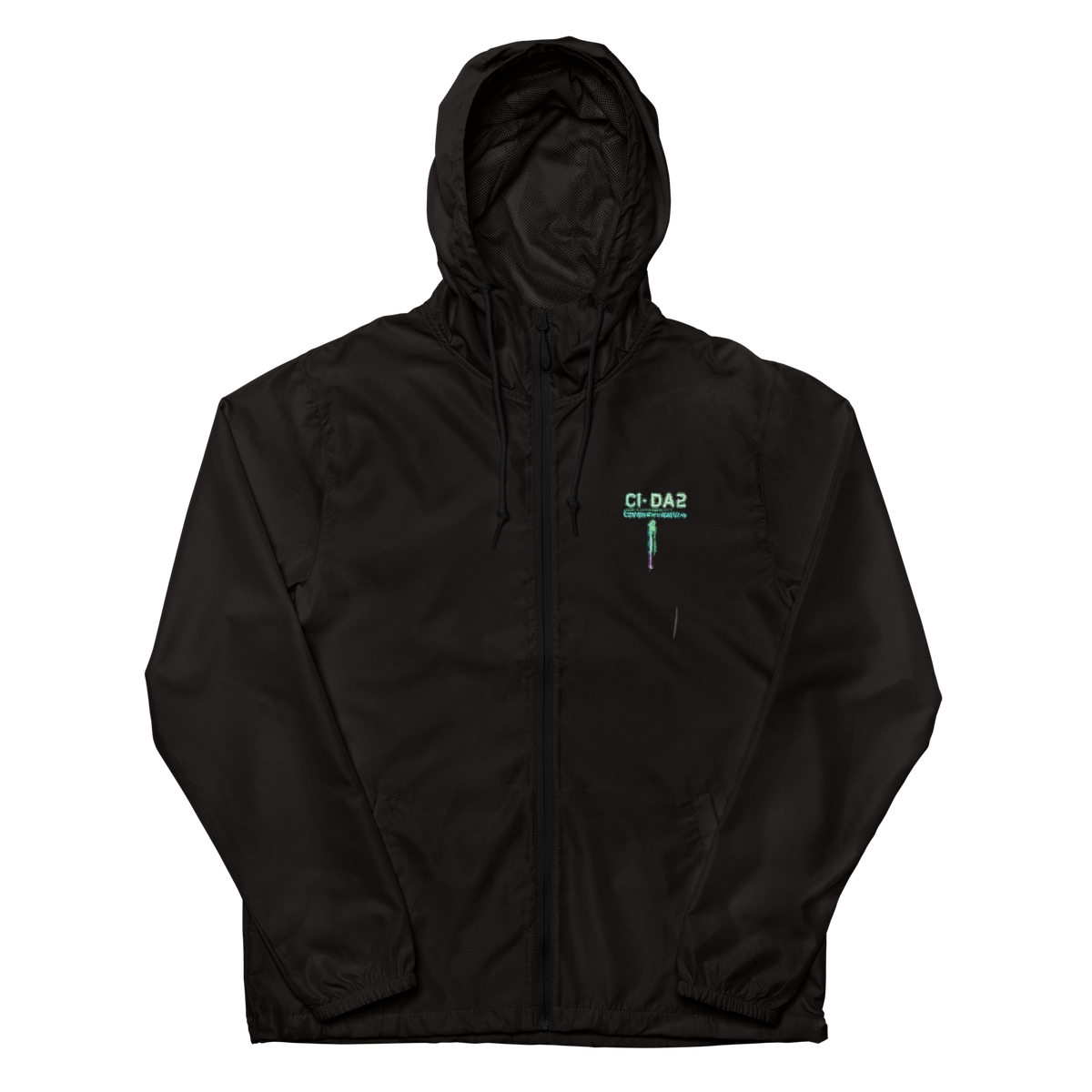 Front of black Spectrum Leak windbreaker with small aqua and lime CI-DA2 Chemical Imbalance chest graphic.