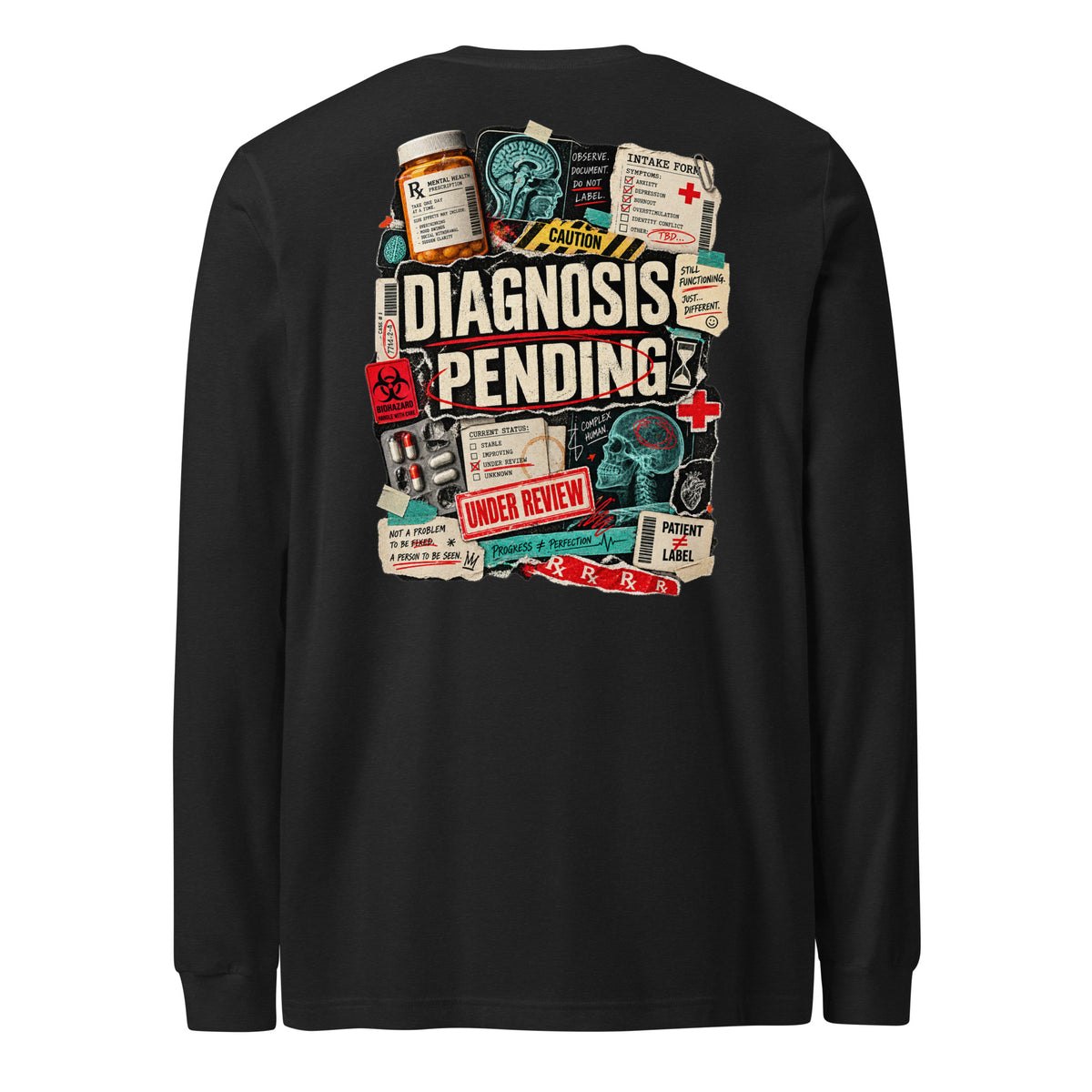 ProduBack view of Diagnosis Pending mental health long sleeve shirt with clinical diagnostic graphics, case-file details, warning labels, and Chaos Theøry Label Lab branding.ct mockup