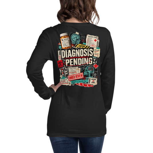 Back of black heather Diagnosis Pending long sleeve shirt with large distressed clinical graphic, brain scans, warning labels, and Under Review details.