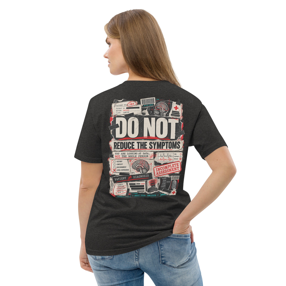 Back of dark heather Patient Not Diagnosis statement tee with distressed Label Lab clinical-file graphic.