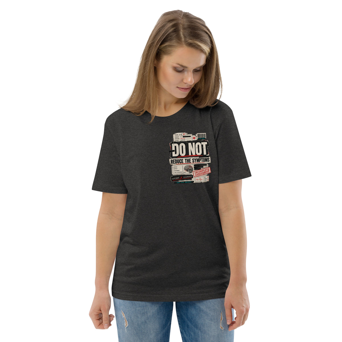Front of dark heather Patient Not Diagnosis tee with small clinical Label Lab graphic on the chest.