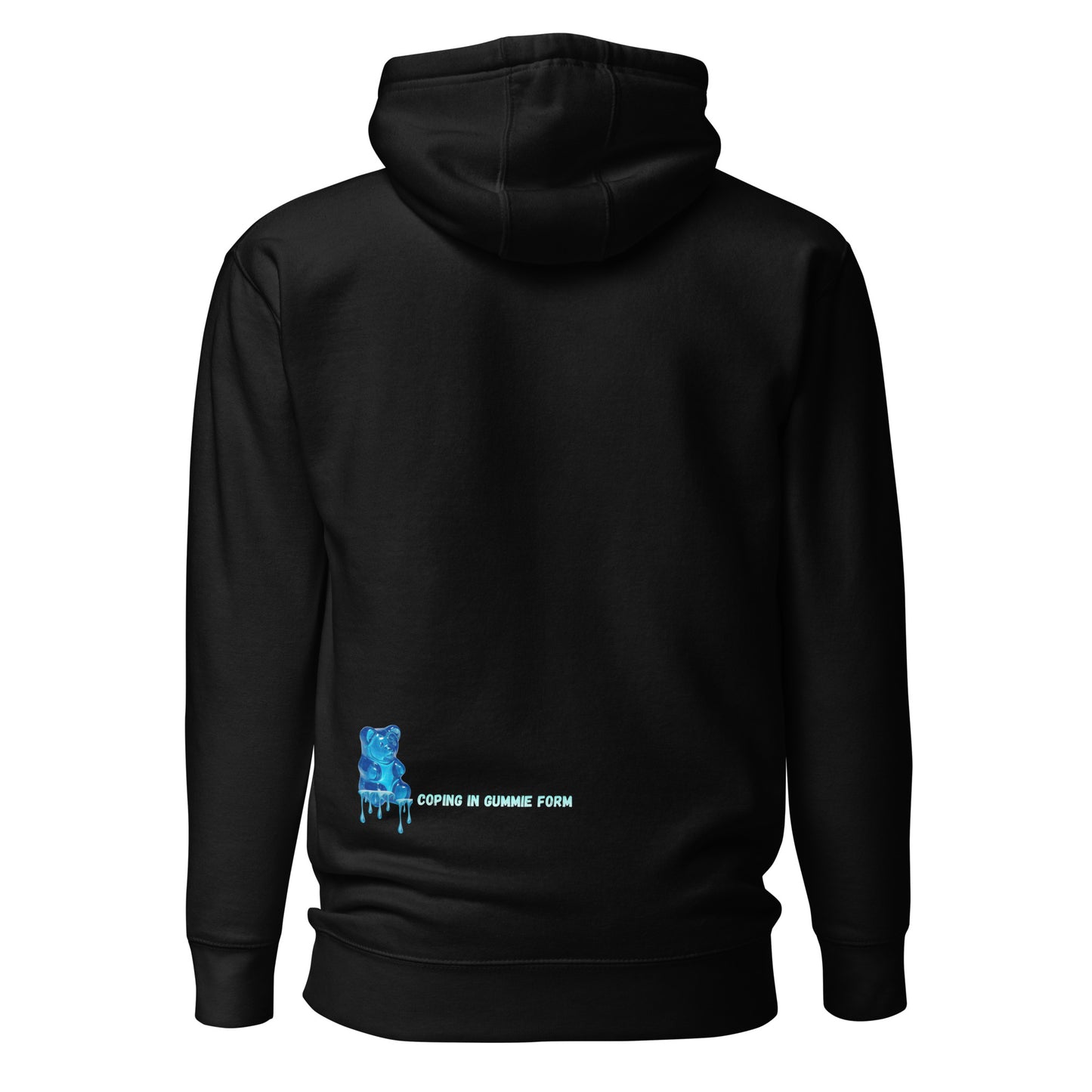 Back view of Emotional Support Creatures Hoodie showing black hoodie streetwear fit and Chaos Theøry styling