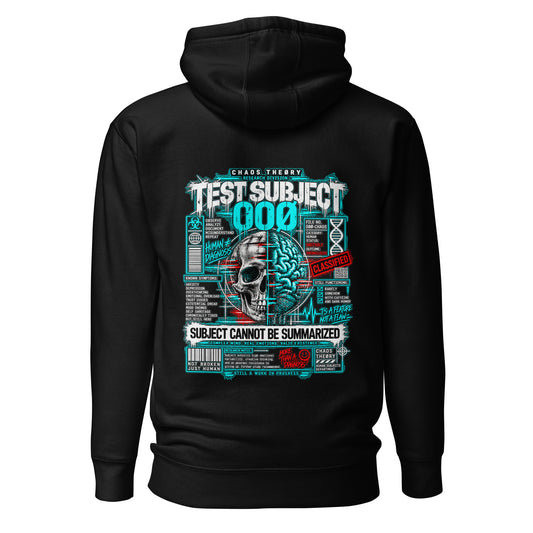 Back of black Test Subject 00Ø hoodie with large split skull-and-brain research graphic and Subject Cannot Be Summarized statement.
