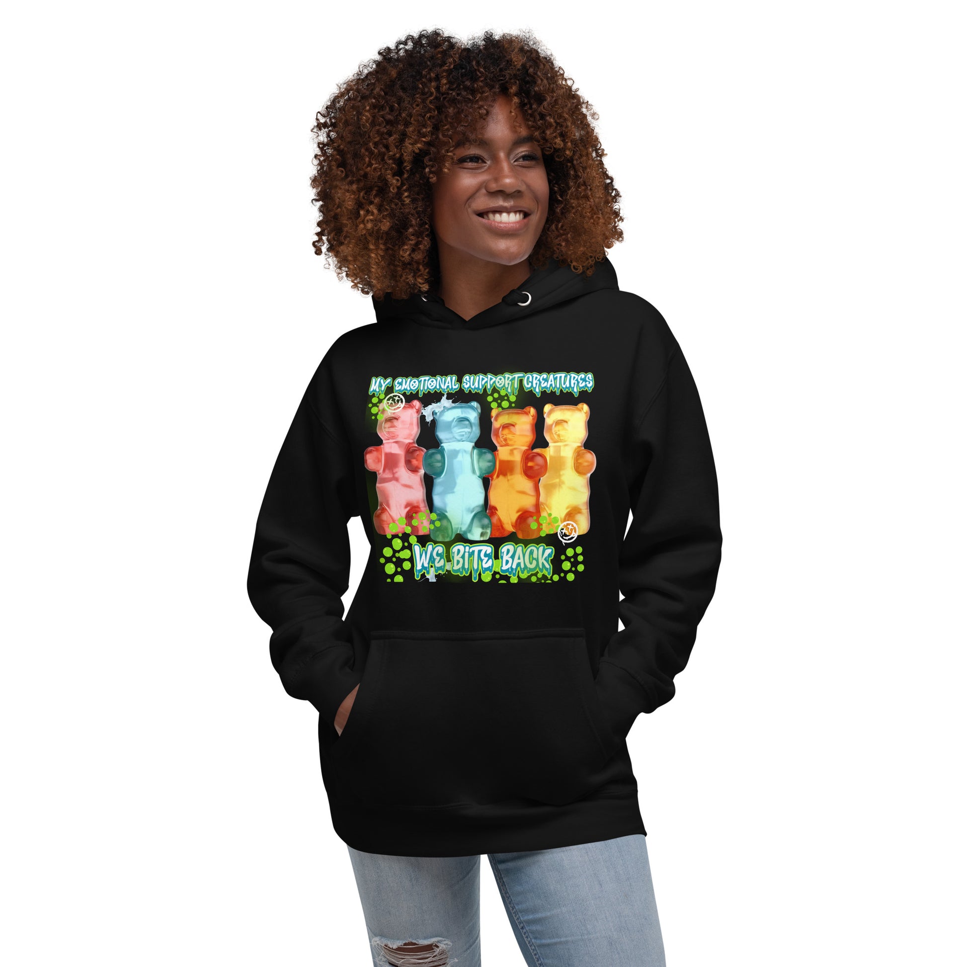 Model wearing Emotional Support Creatures Hoodie with colorful mental health streetwear graphic
