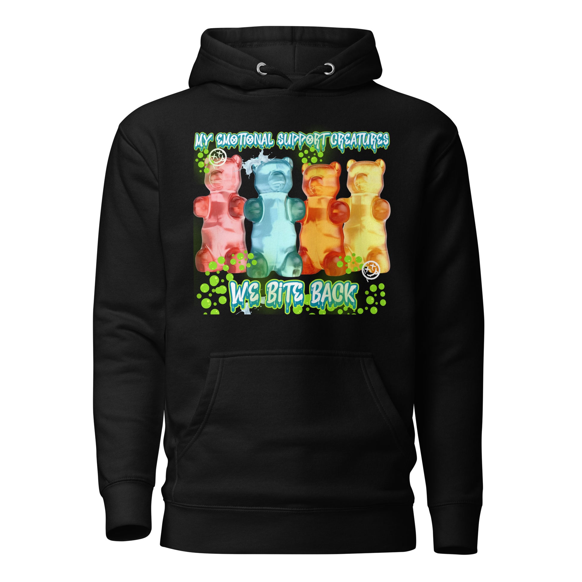 Emotional Support Creatures Hoodie black Chaos Theøry mental health hoodie with colorful support creature graphic design