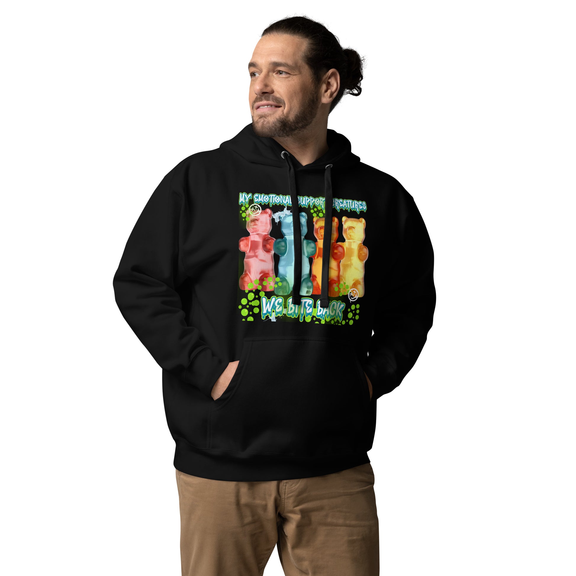 Model wearing Emotional Support Creatures Hoodie with colorful mental health streetwear graphic