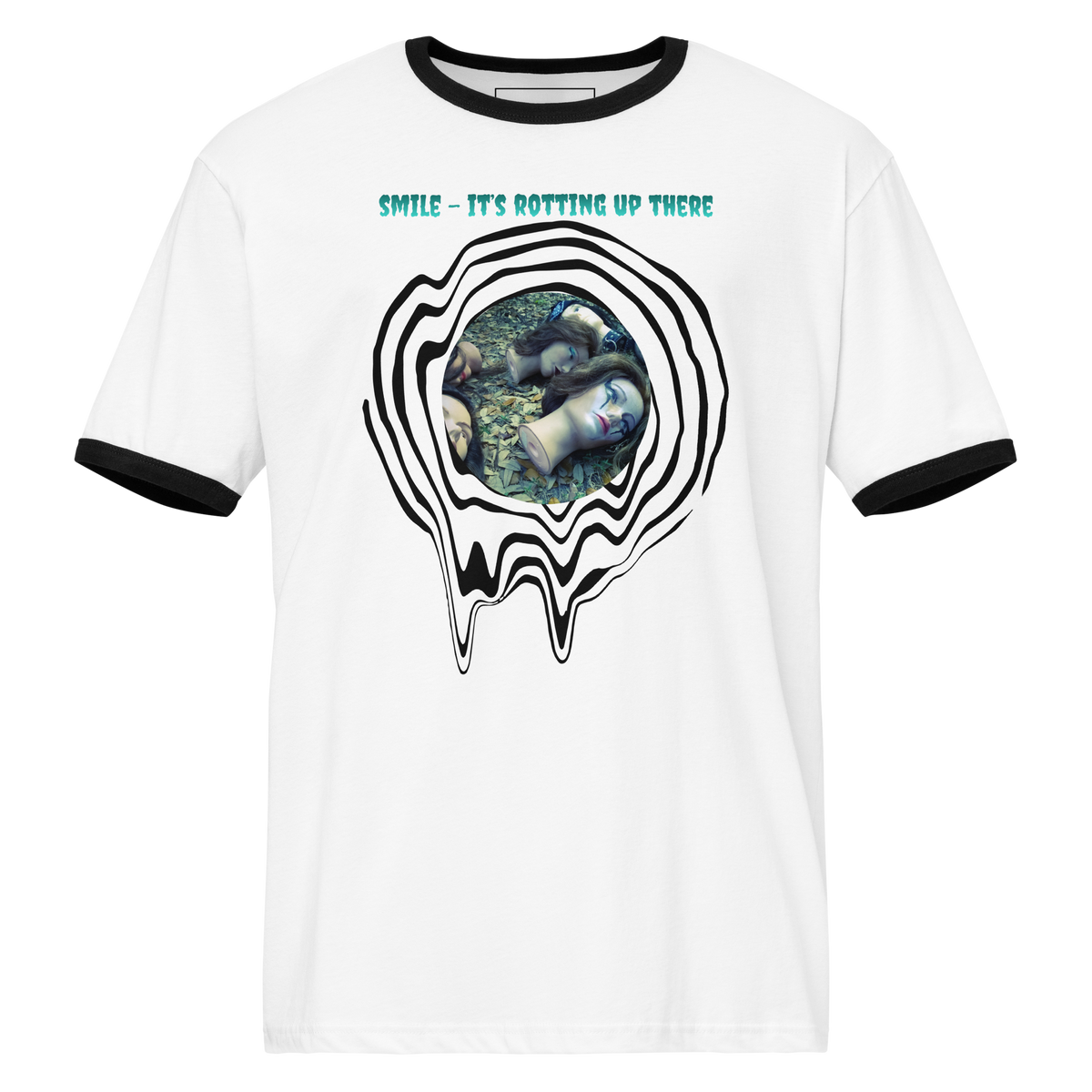 Smile, It’s Rotting Up There Graphic Tee in white with black ringer trim, spiral artwork and surreal doll head design by Chaos Theøry.