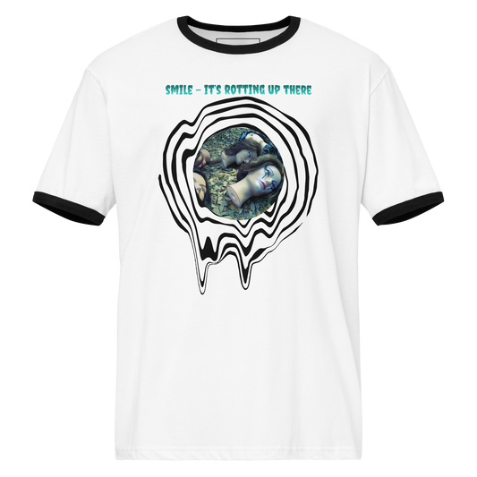 Smile, It’s Rotting Up There Graphic Tee in white with black ringer trim, spiral artwork and surreal doll head design by Chaos Theøry.