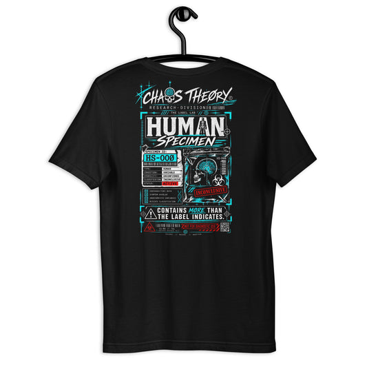 Back of black Human Specimen tee with large Label Lab specimen-file graphic and Contains More Than the Label Indicates statement.