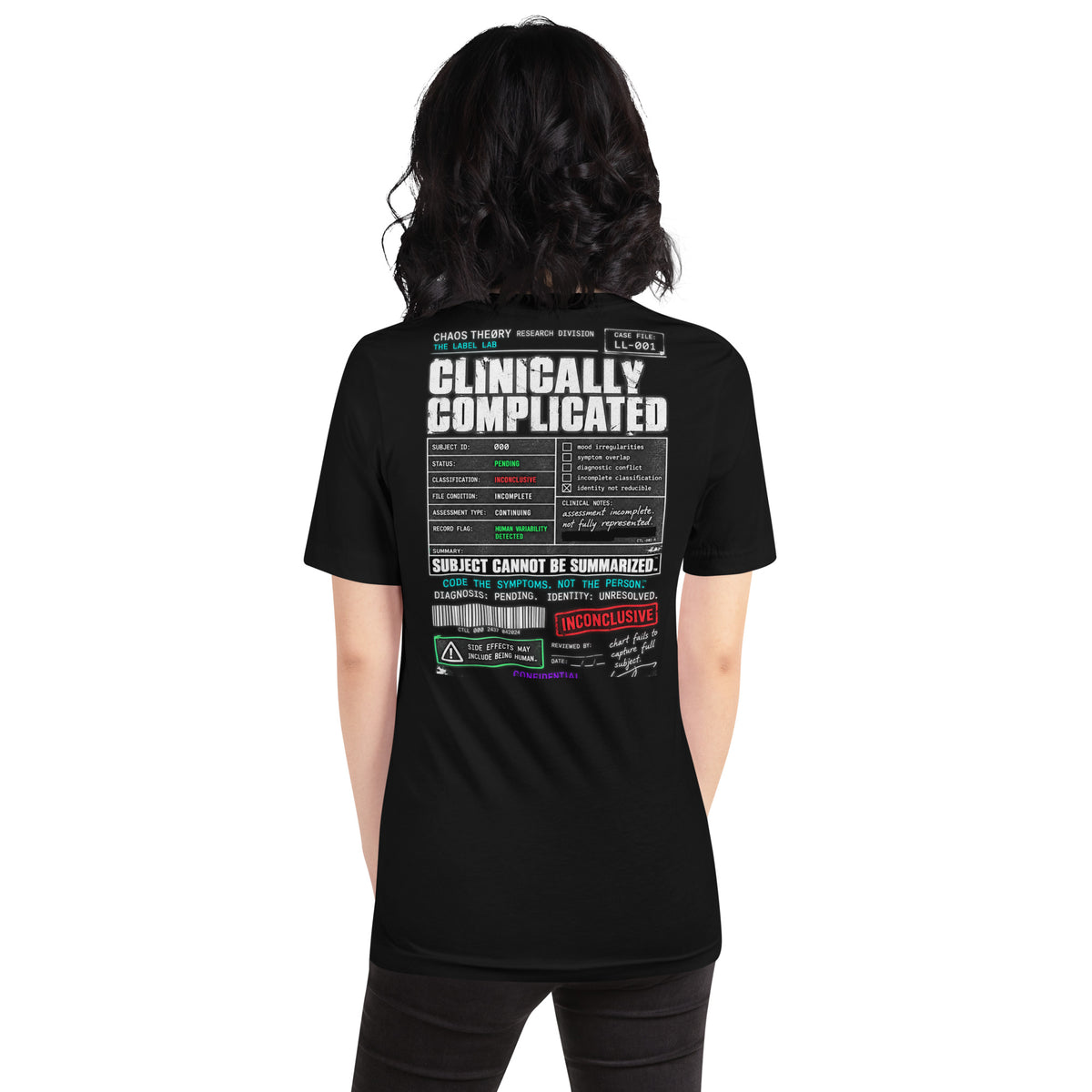 Model wearing black Clinically Complicated tee showing the large Label Lab graphic on the back.