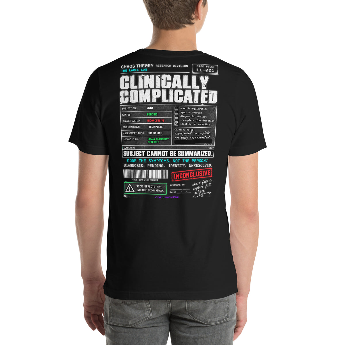Model wearing black Clinically Complicated tee showing the large Label Lab graphic on the back.