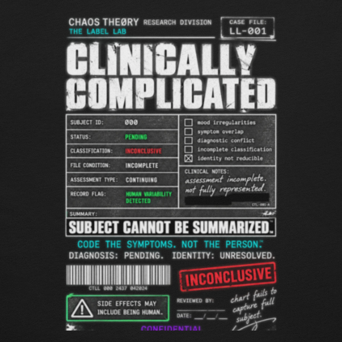 Clinically Complicated tee back design with Subject Cannot Be Summarized and clinical case-file details.