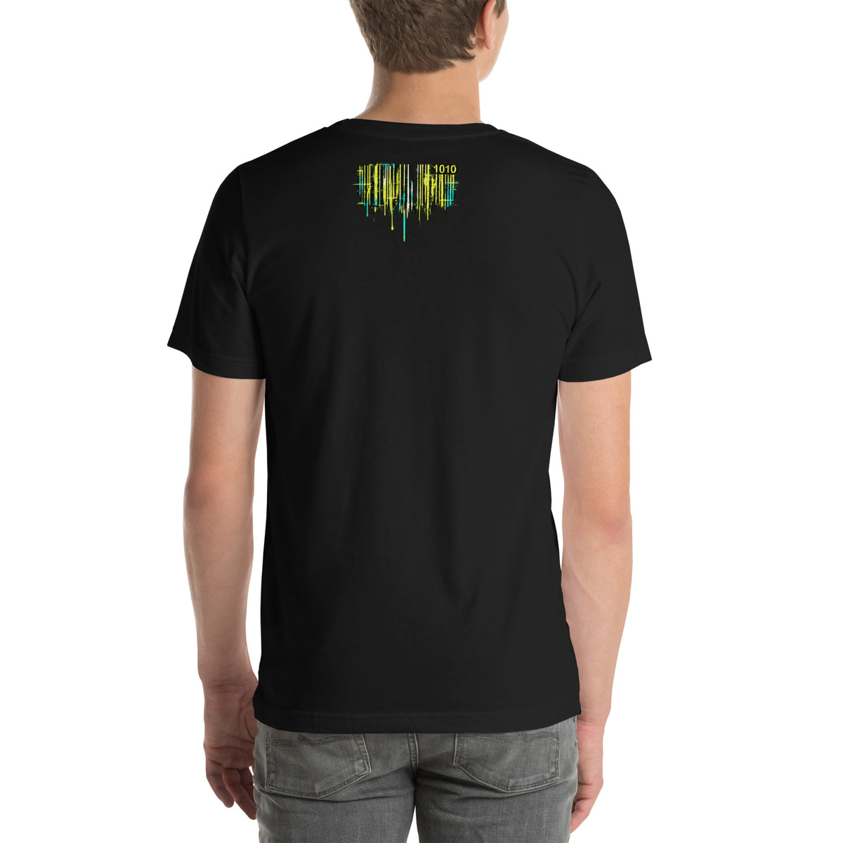 Back of black System Error Chemical Imbalance graphic tee with small yellow and aqua glitch graphic below the collar.
