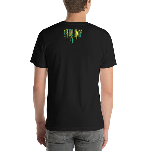 Back of black System Error Chemical Imbalance graphic tee with small yellow and aqua glitch graphic below the collar.