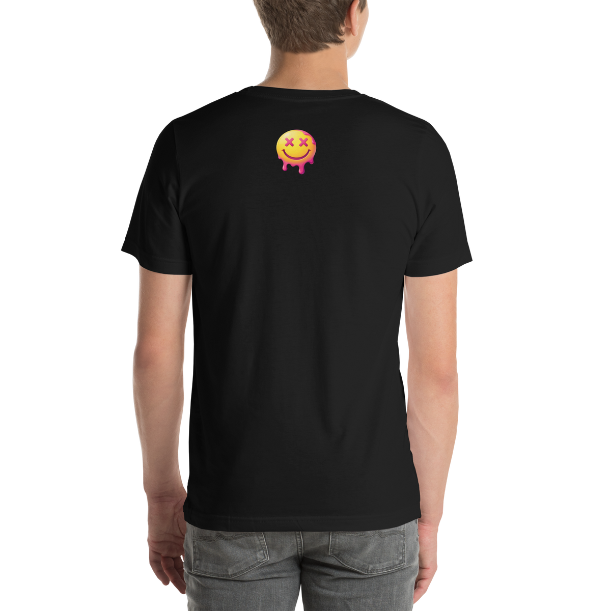 Back of black Chaotic Peace graphic tee with small pink and yellow melting smiley graphic below the collar.