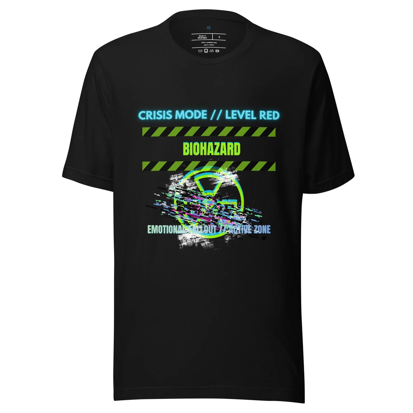 Level Red Biohazard Graphic Tee black mental health streetwear shirt with hazard warning artwork by Chaos Theøry