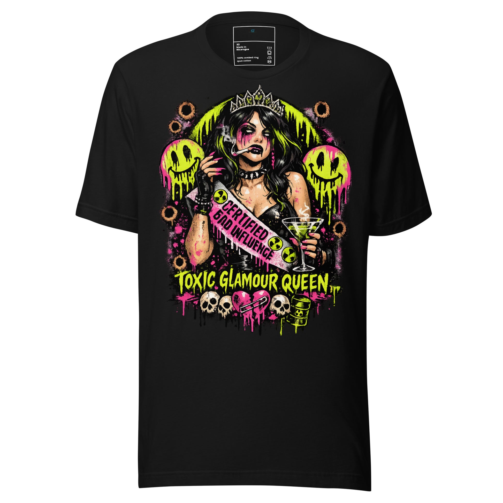 Front view of Certified Bad Influence Graphic Tee showing neon psychosis toxic glam artwork on black shirt