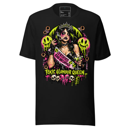Front view of Certified Bad Influence Graphic Tee showing neon psychosis toxic glam artwork on black shirt