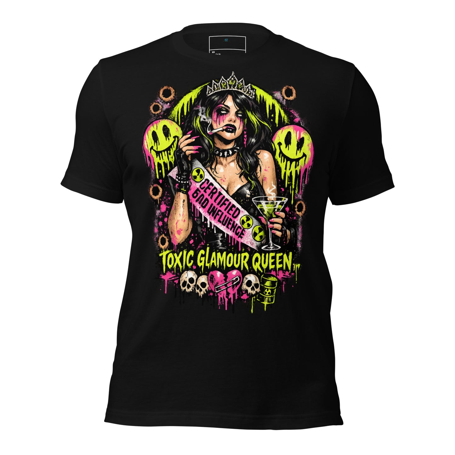 Front view of Certified Bad Influence Graphic Tee showing neon psychosis toxic glam artwork on black shirt