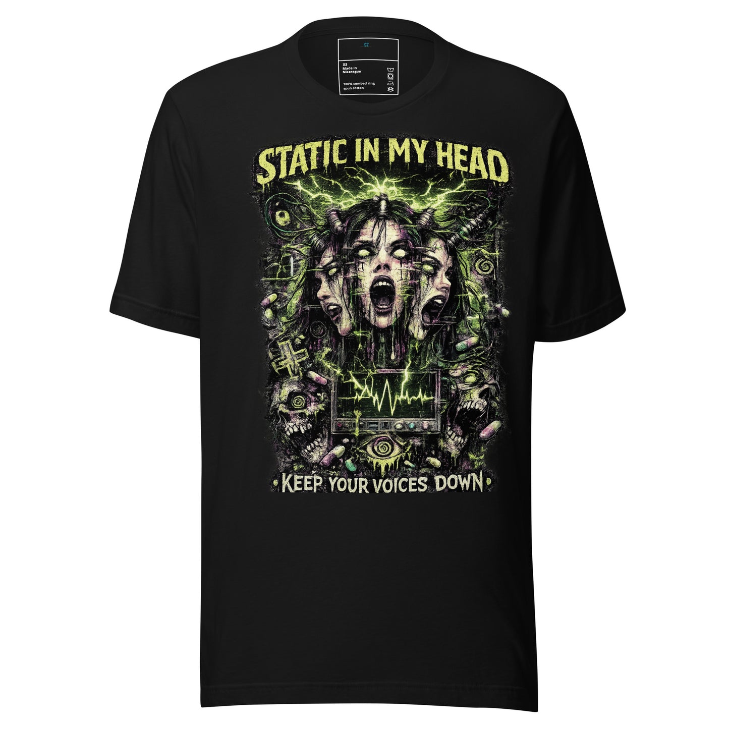 Front view of Static In My Head Graphic Tee showing glitch mental overload artwork on black shirt