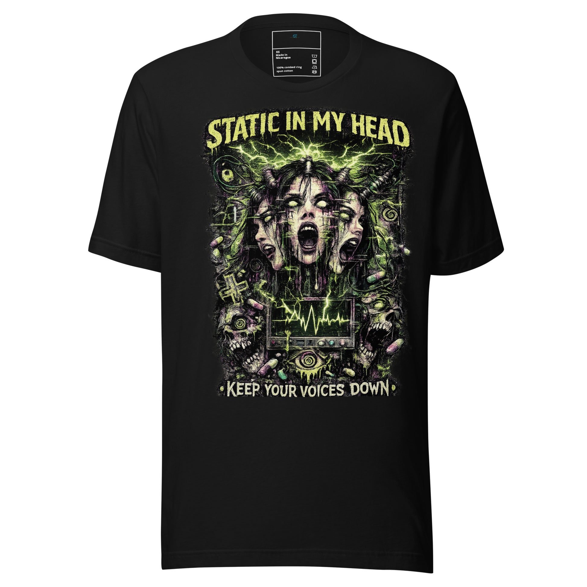 Front view of Static In My Head Graphic Tee showing glitch mental overload artwork on black shirt