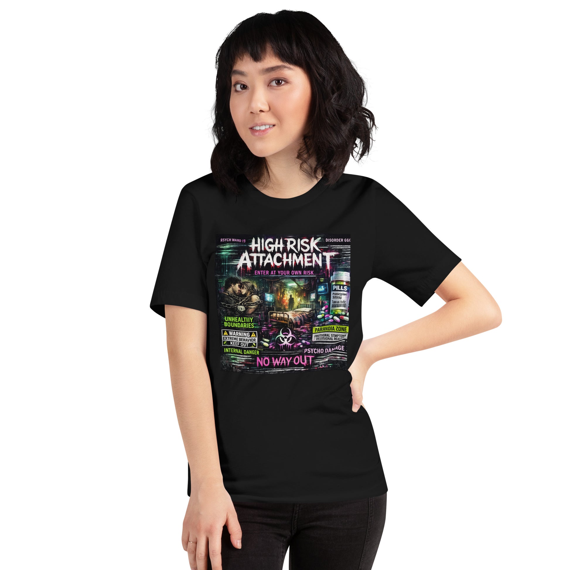 Model wearing High Risk Attachment Graphic Tee with dark mental health streetwear styling