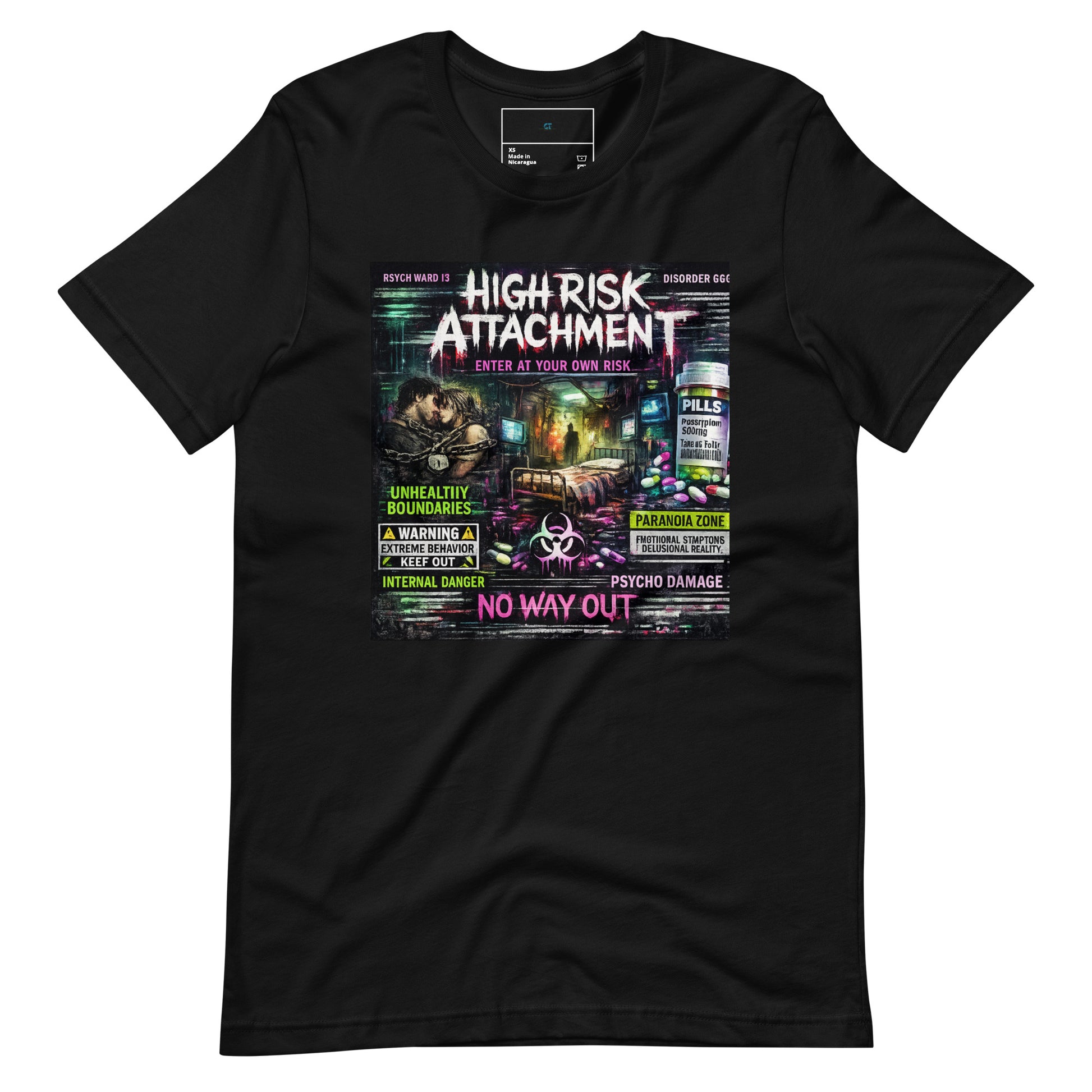 Close-up of High Risk Attachment Graphic Tee showing toxic bonds artwork, glitch details, and warning label design