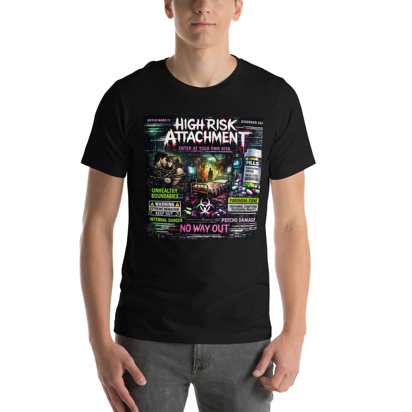 Model wearing High Risk Attachment Graphic Tee with dark mental health streetwear styling