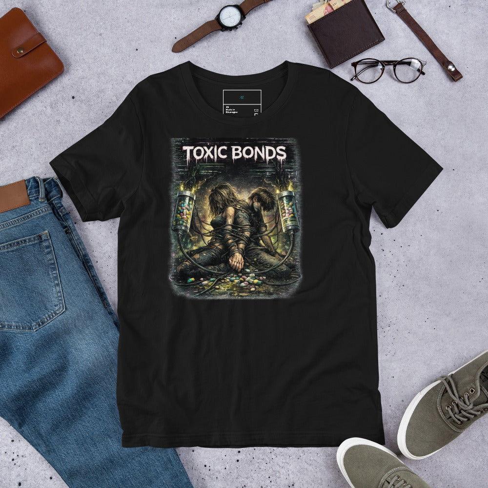 Front view of Toxic Bonds Graphic Tee showing dark relationship survival artwork and toxic bonds design