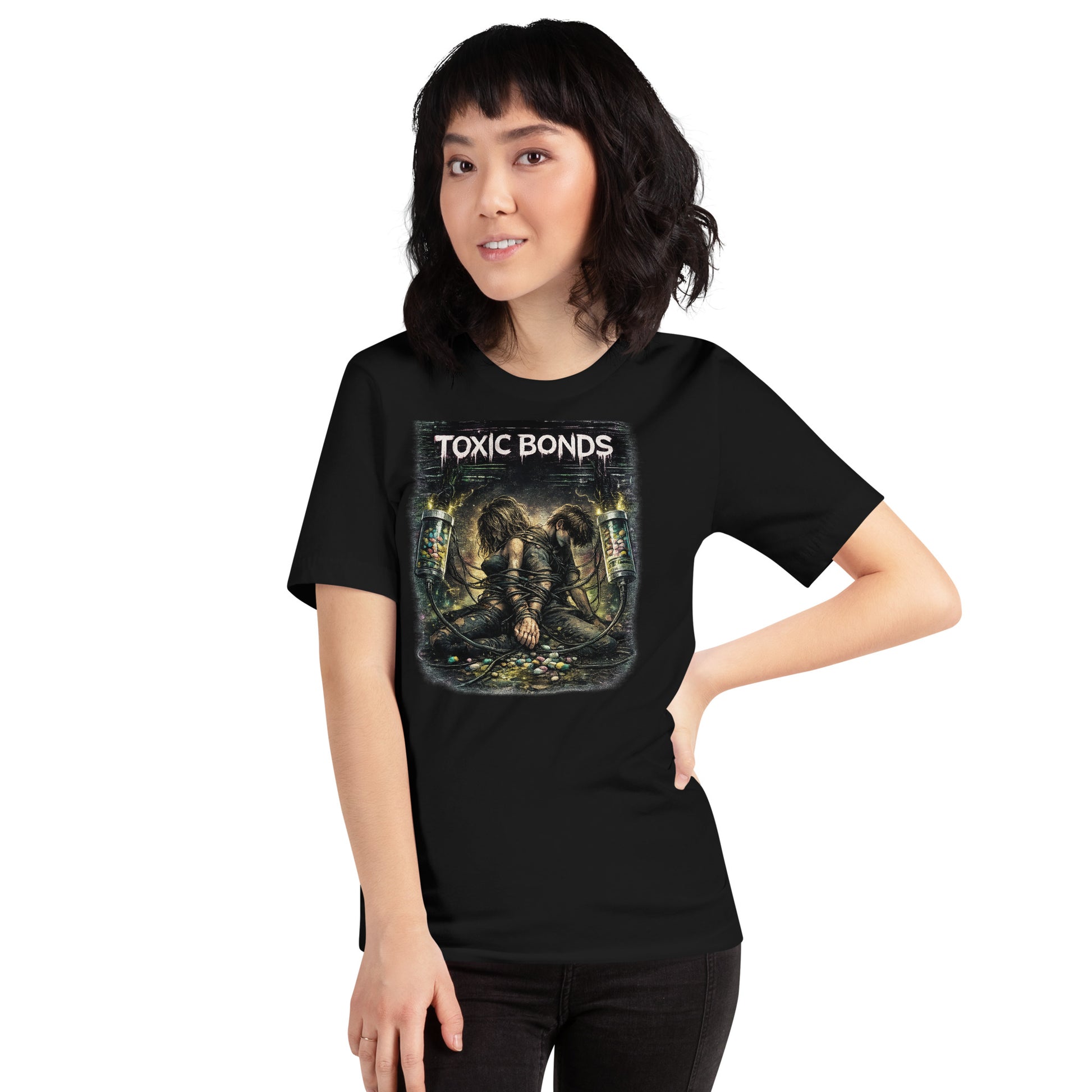 Model wearing Toxic Bonds Graphic Tee with dark mental health streetwear styling