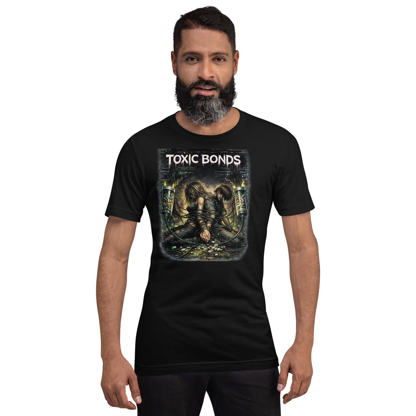 Model wearing Toxic Bonds Graphic Tee with dark mental health streetwear styling