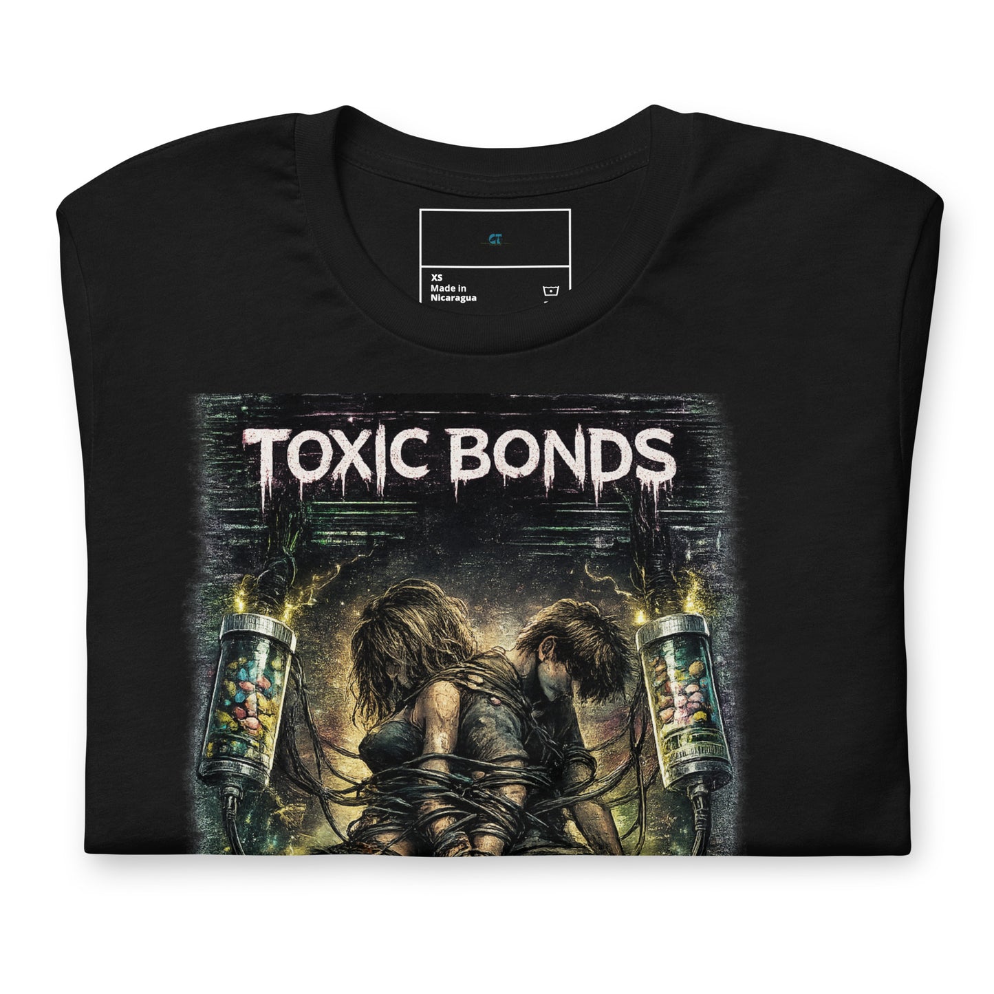 Close-up of Toxic Bonds Graphic Tee showing glitch details, toxic relationship artwork, and survival design