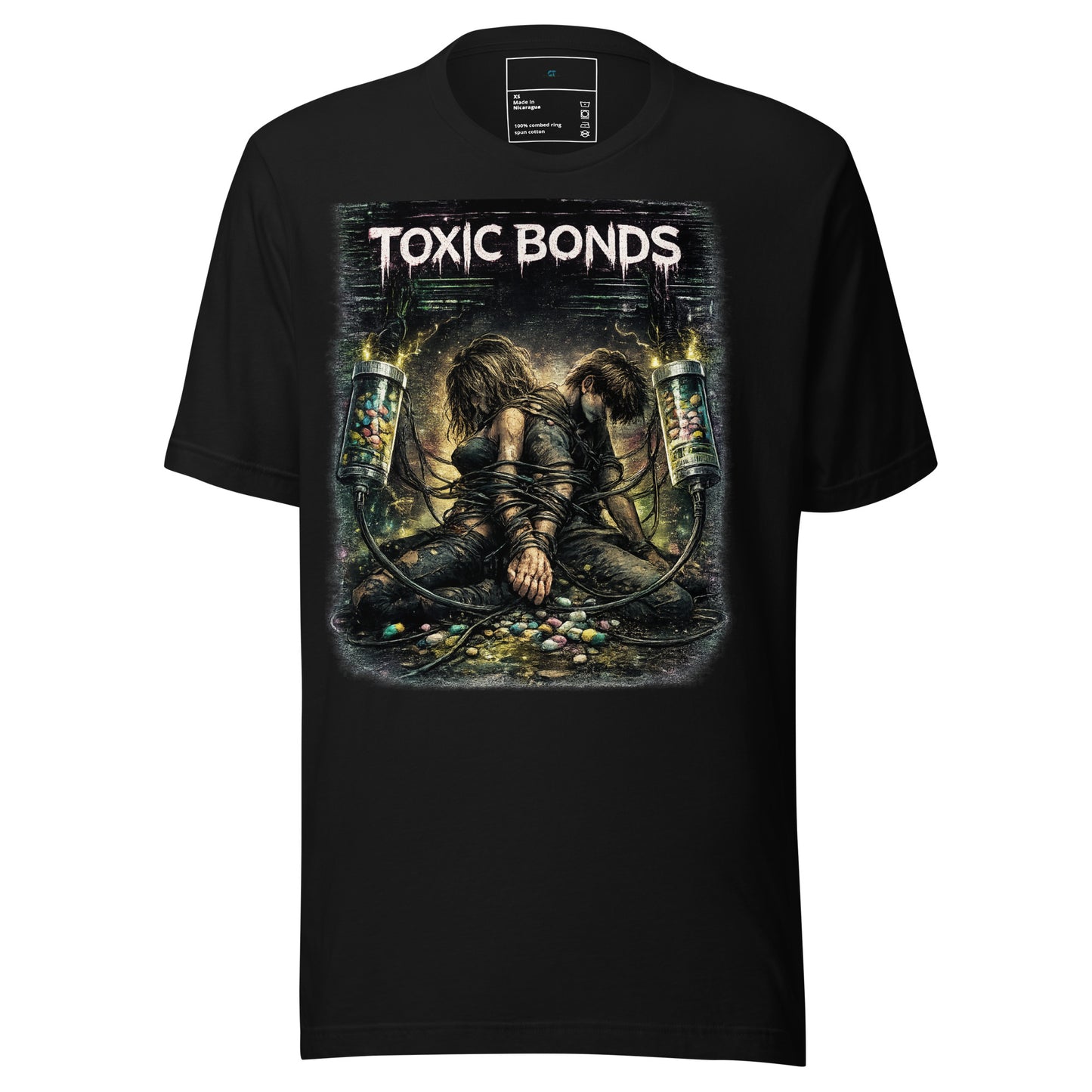 Front view of Toxic Bonds Graphic Tee showing dark relationship survival artwork and toxic bonds design