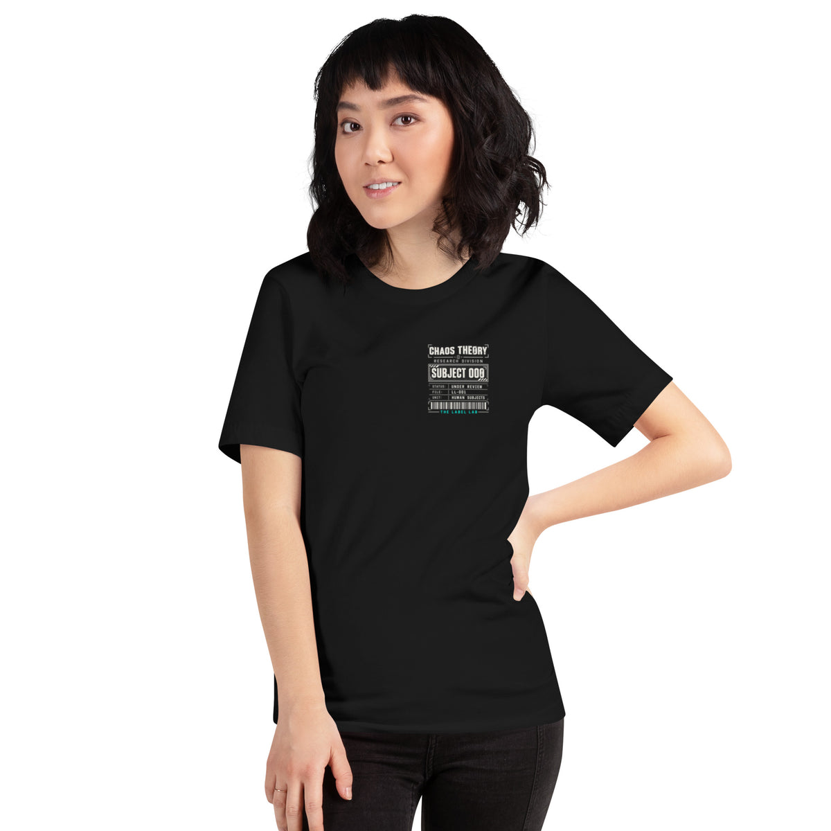 Front of black Clinically Complicated tee with small Chaos Theøry Research Division chest graphic.