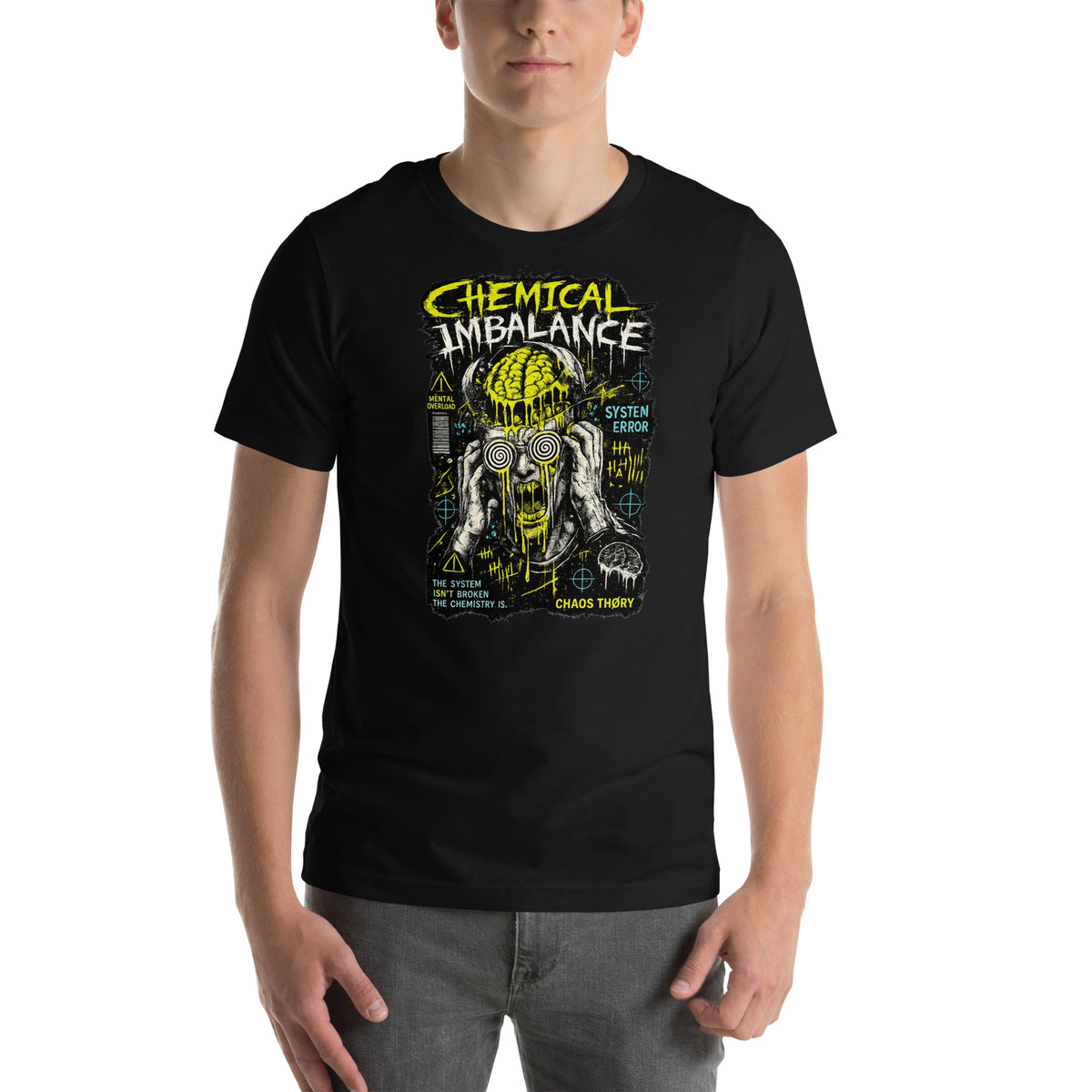 Front of black System Error Chemical Imbalance graphic tee with large distressed yellow, white, and aqua brain artwork.