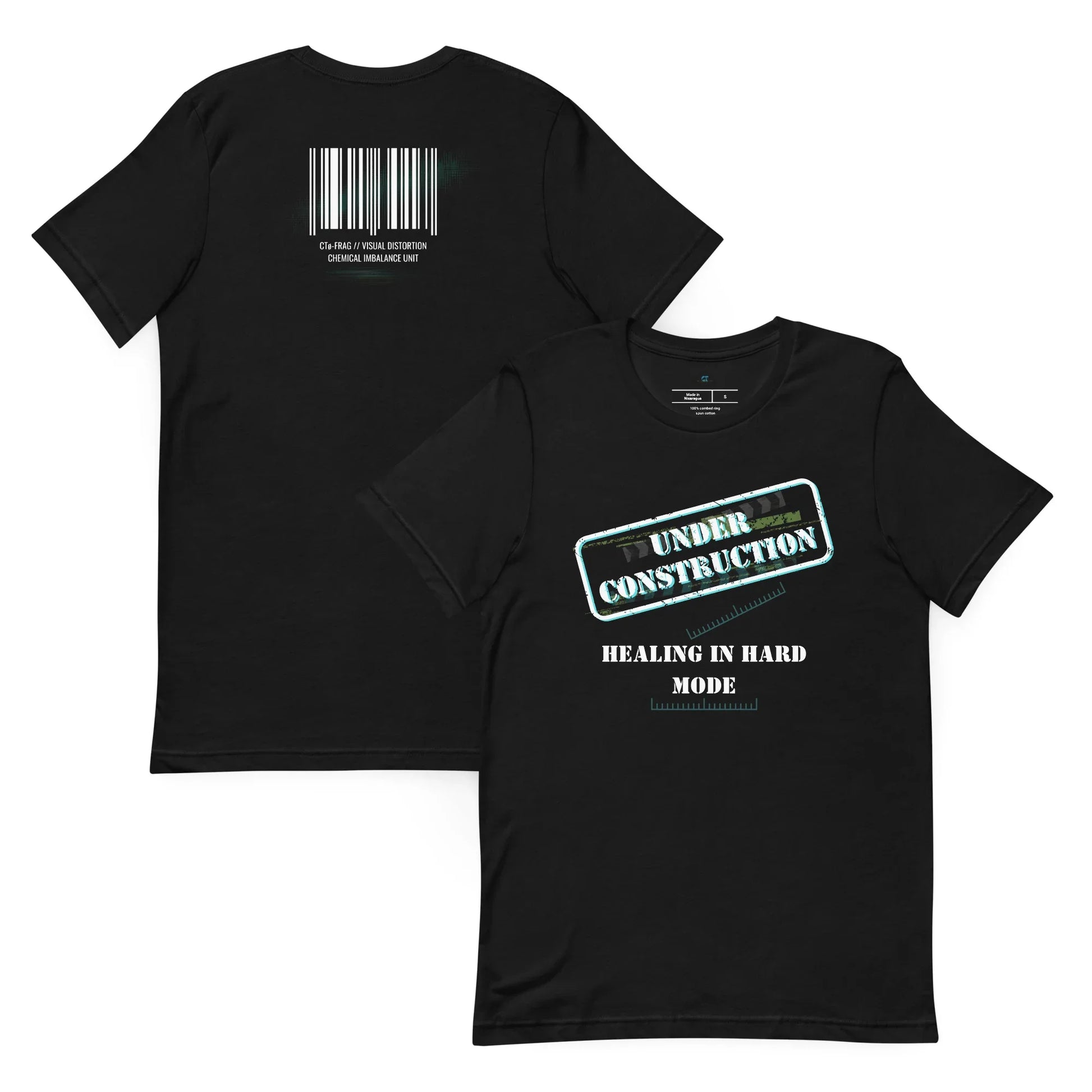 Healing in Hard Mode Graphic Tee black mental health streetwear shirt with recovery artwork by Chaos Theøry
