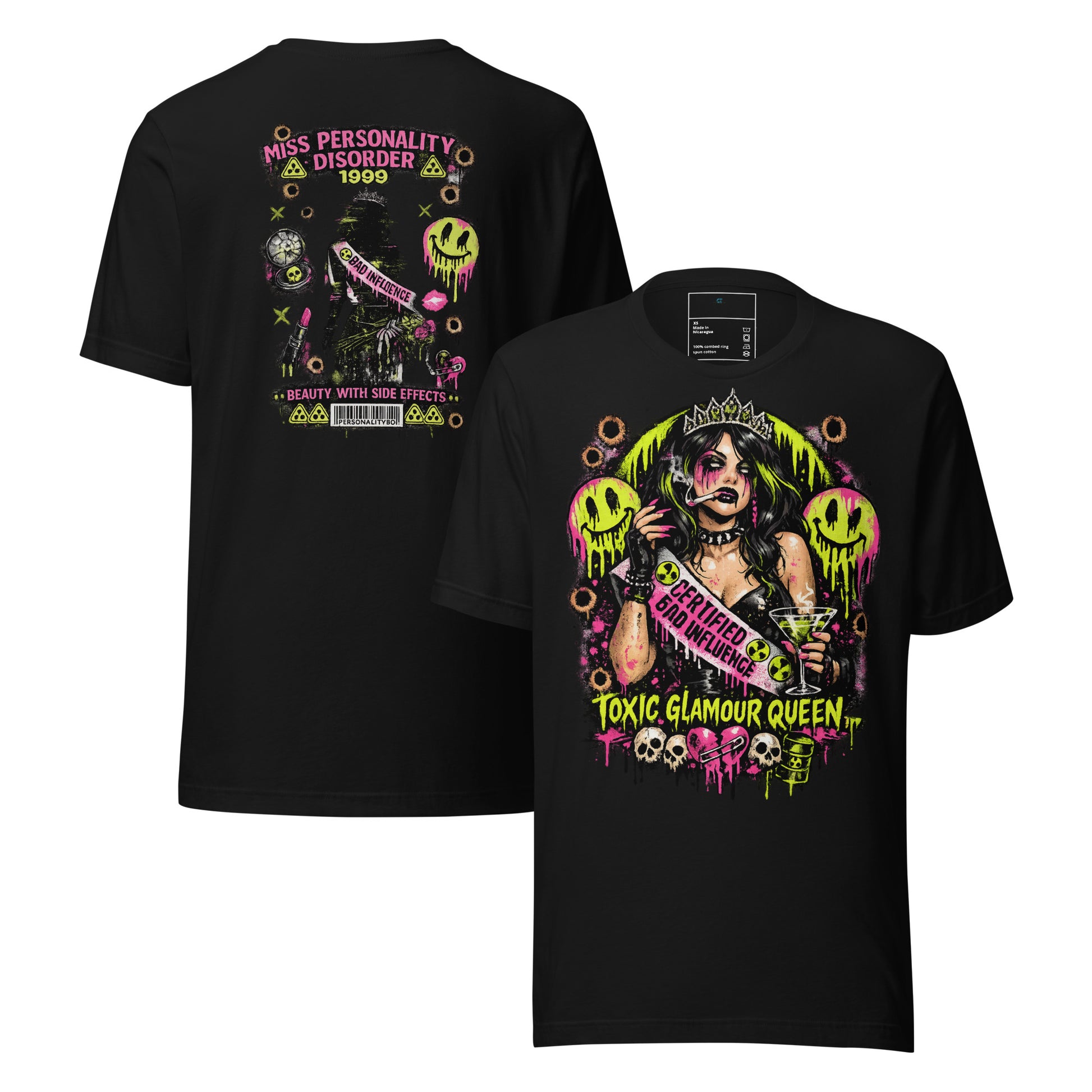 Certified Bad Influence Graphic Tee black Chaos Theøry neon psychosis shirt with toxic glam artwork