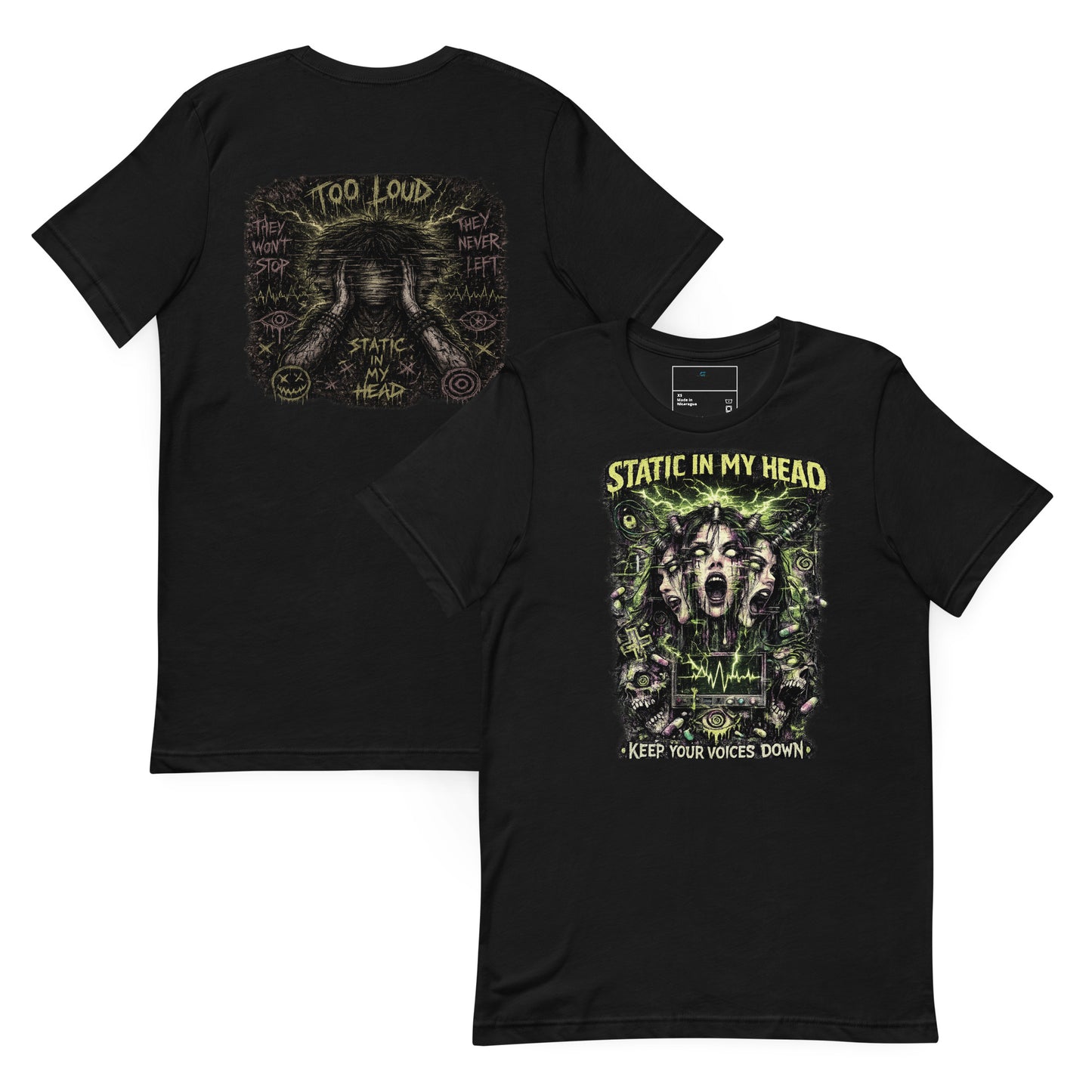 Static In My Head Graphic Tee black Chaos Theøry neon psychosis shirt with glitch mental overload artwork