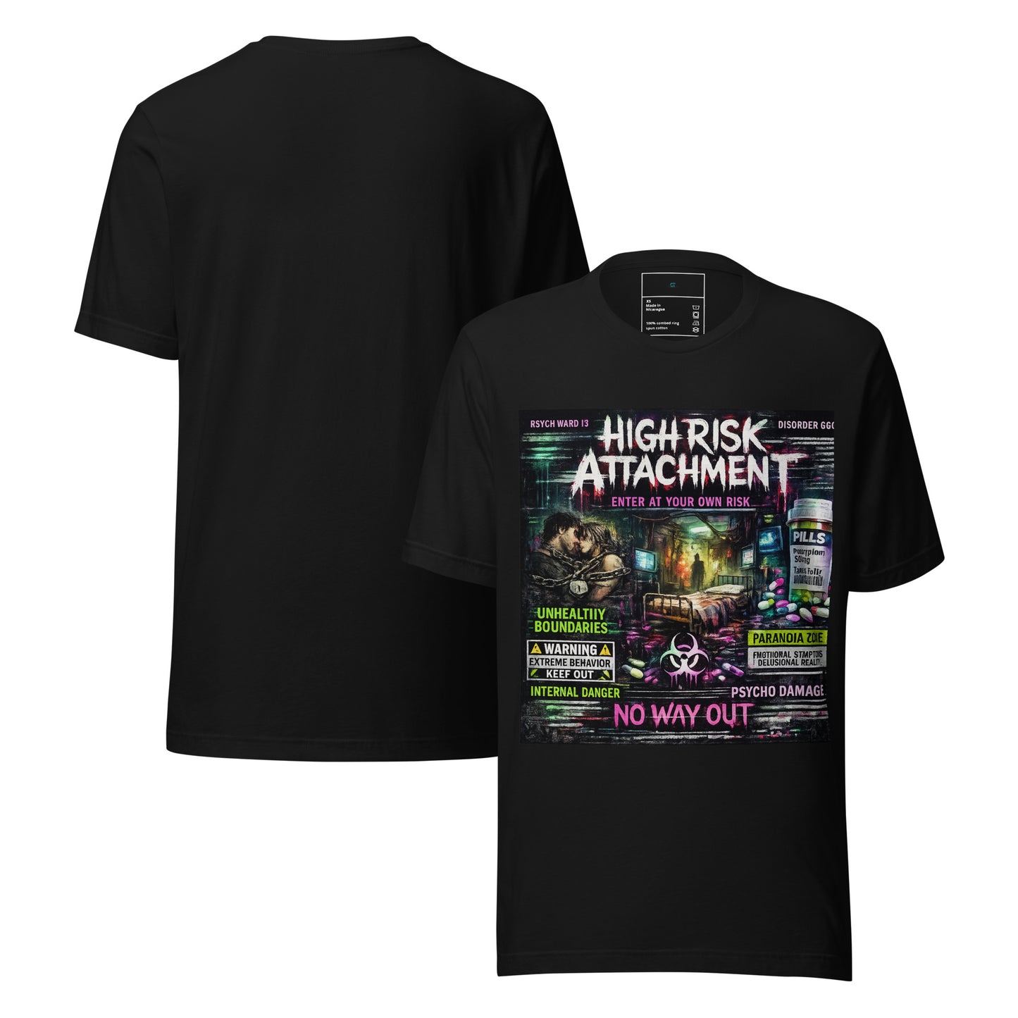 High Risk Attachment Graphic Tee black Chaos Theøry neon psychosis shirt with toxic bonds mental health artwork
