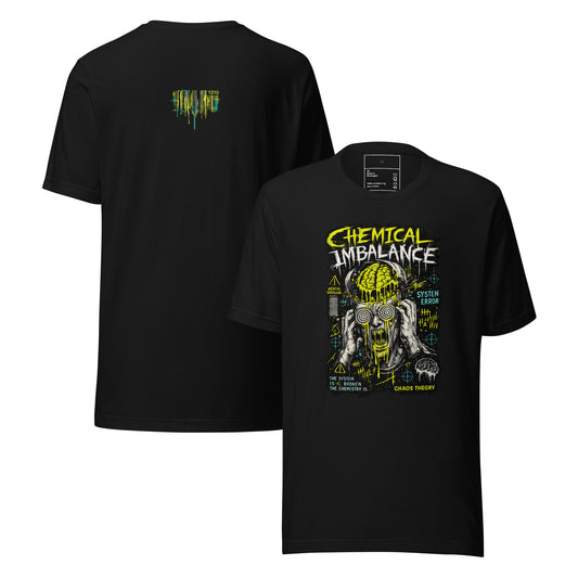 System Error Graphic Tee black mental health streetwear shirt with Chemical Imbalance glitch design by Chaos Theøry