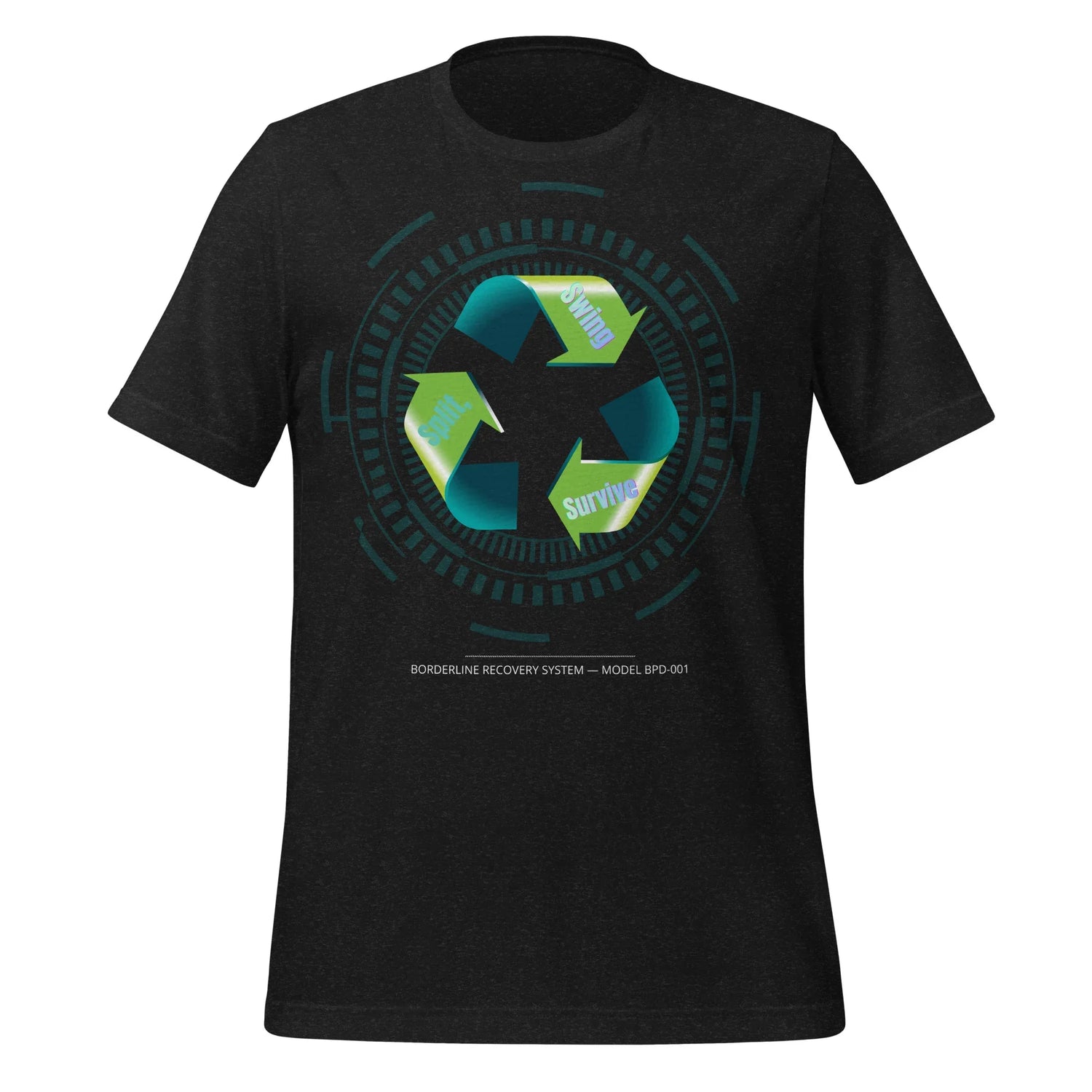 Split Swing Survive Graphic Tee black mental health streetwear shirt with emotional cycle artwork by Chaos Theøry