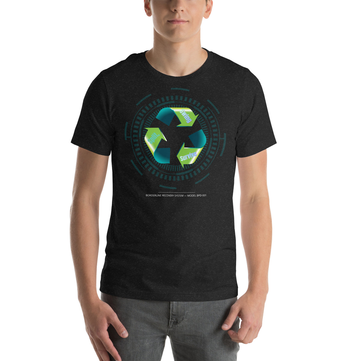 Split Swing Survive Graphic Tee in black heather with aqua and toxic lime emotional cycle artwork