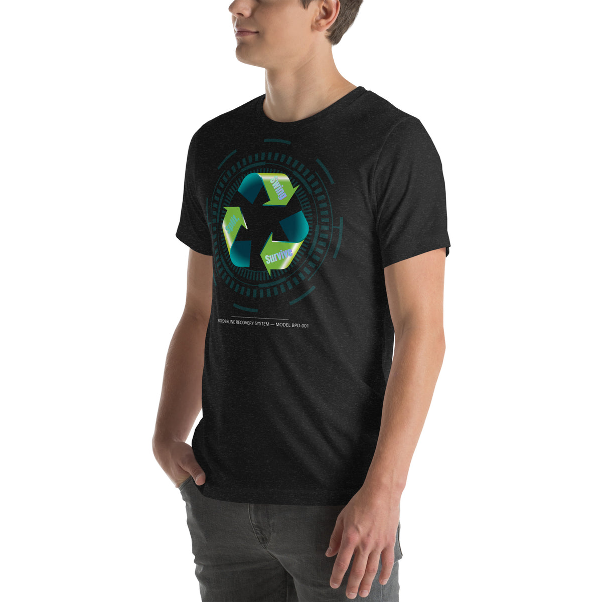 Model wearing Split Swing Survive Graphic Tee with aqua and toxic lime mental health streetwear design