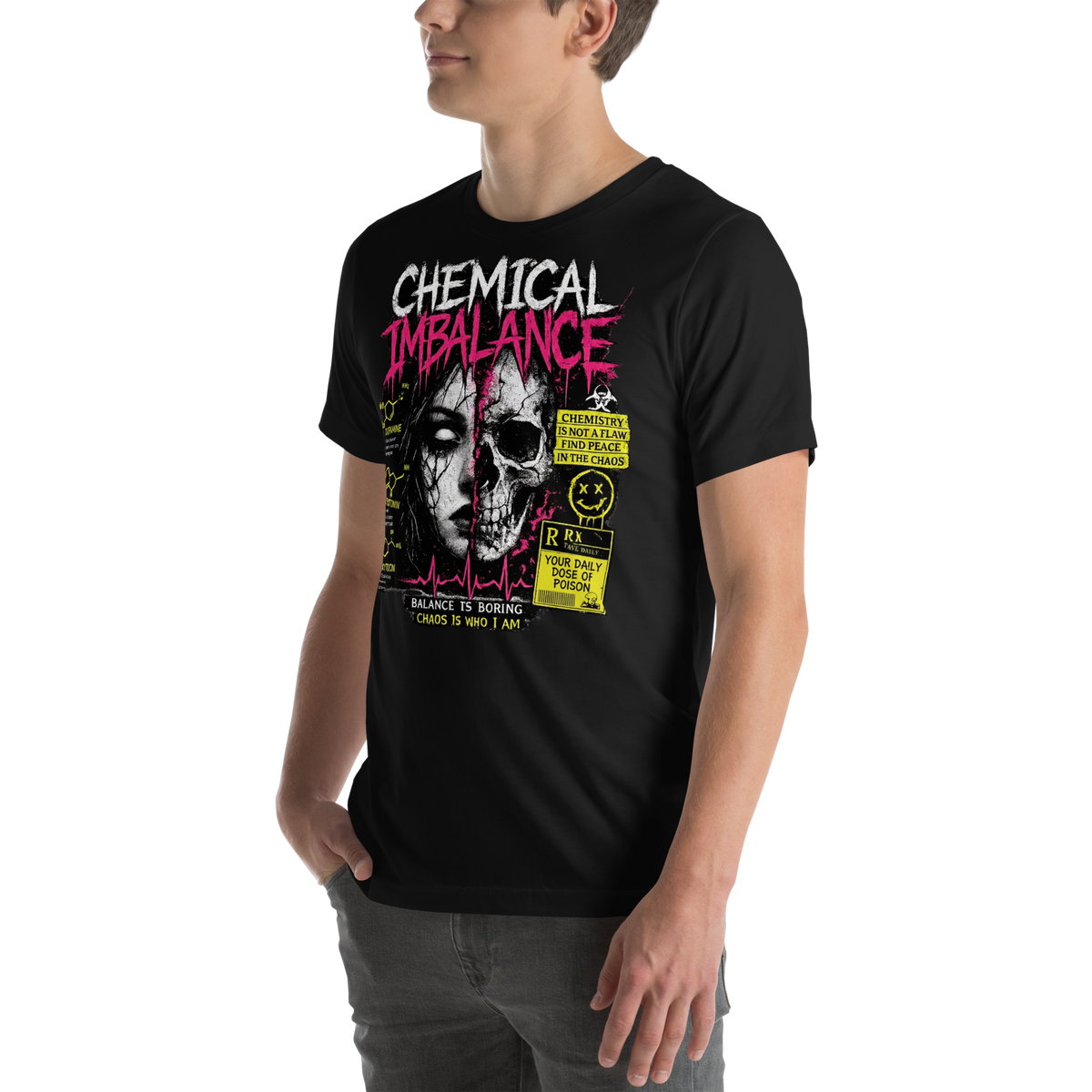 Angled view of black Chaotic Peace tee showing distressed Chemical Imbalance skull artwork in pink, yellow, white, and aqua.