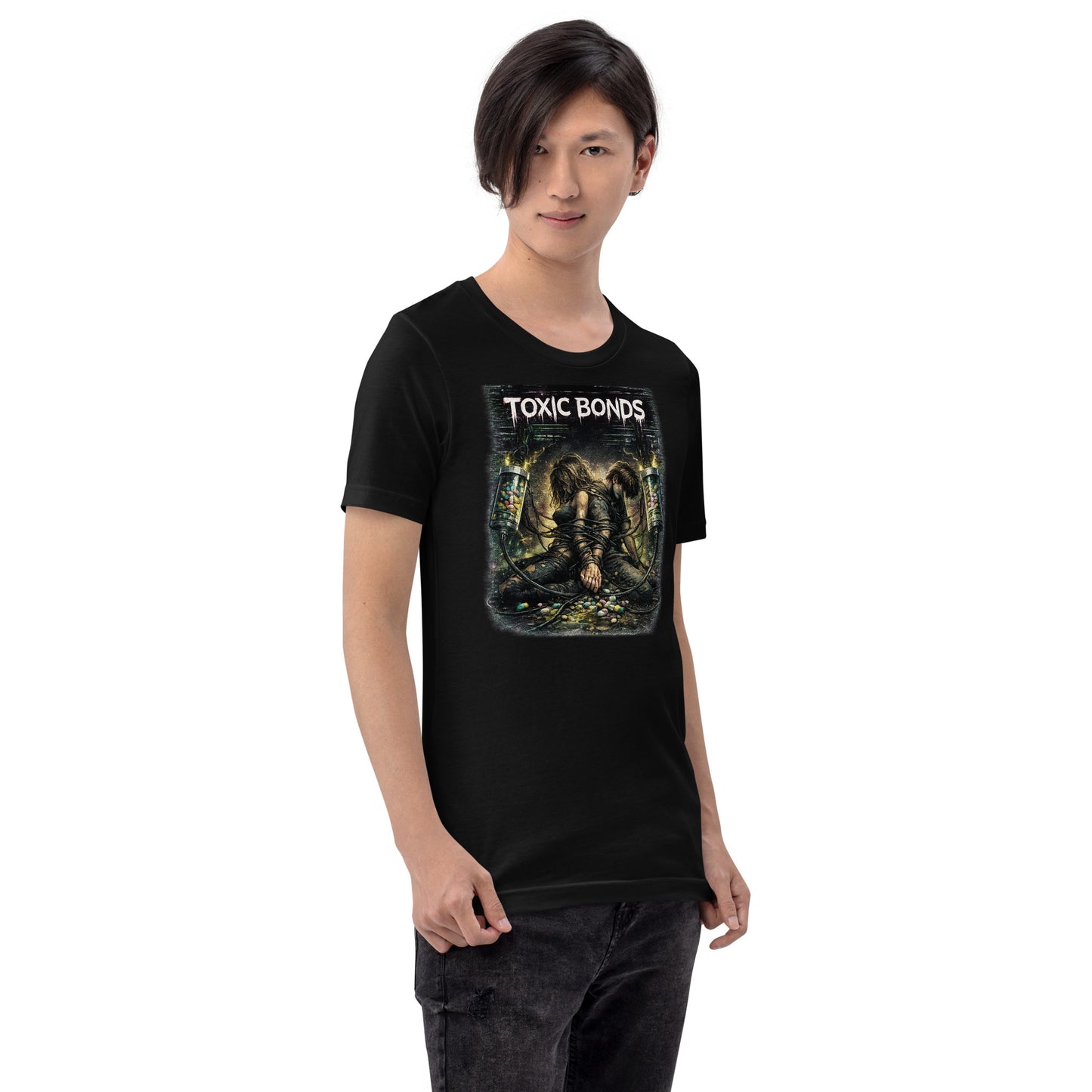 Model wearing Toxic Bonds Graphic Tee with dark mental health streetwear styling