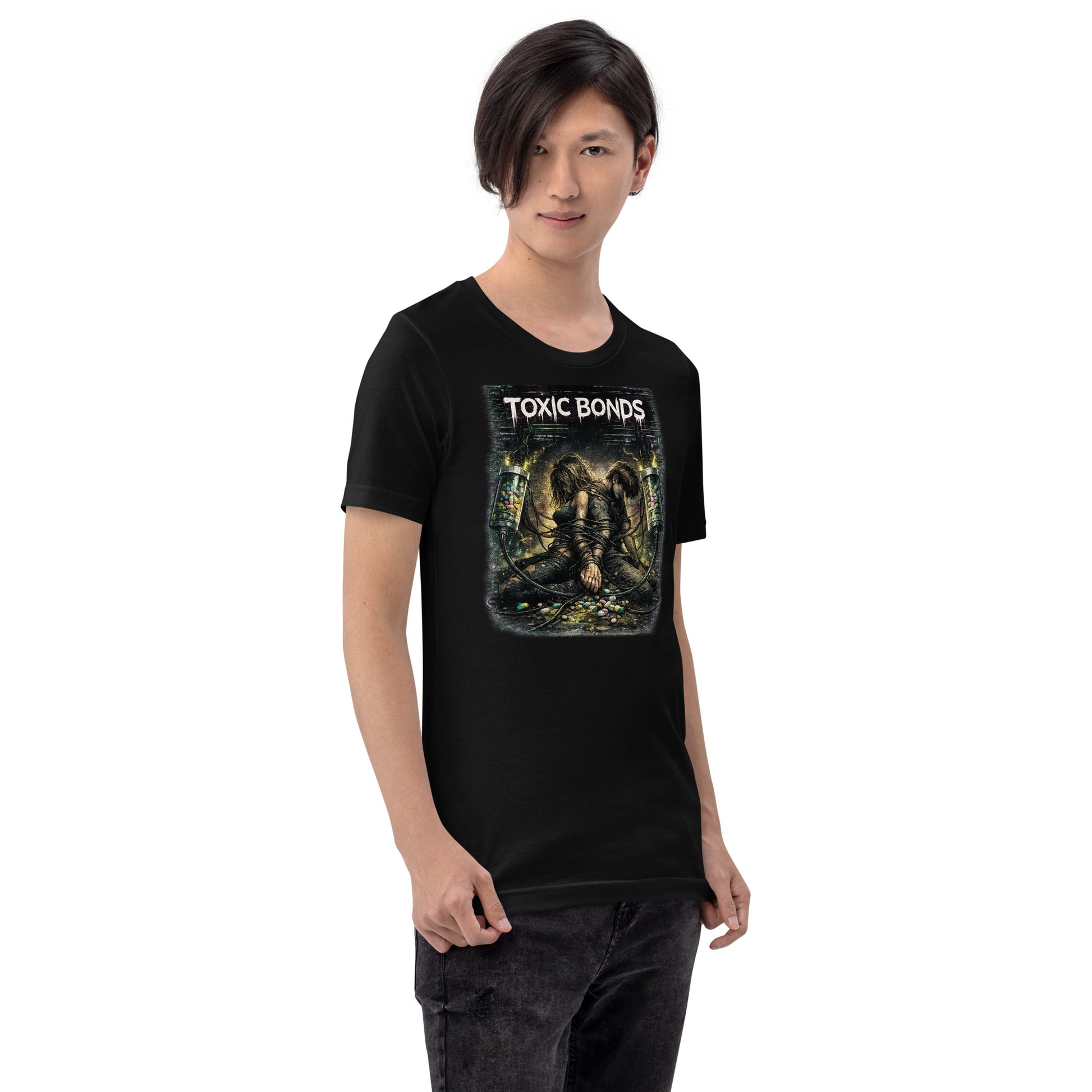 Model wearing Toxic Bonds Graphic Tee with dark mental health streetwear styling