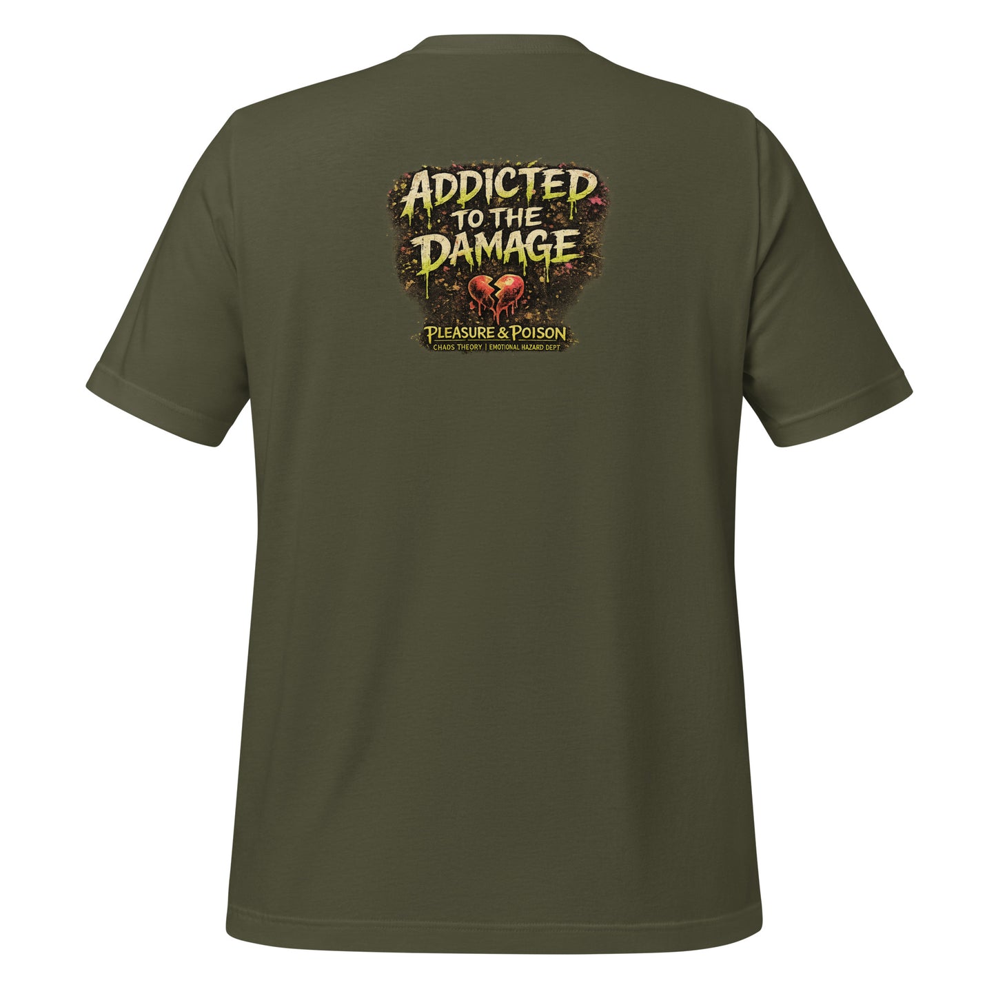 Back view of Pleasure & Poison T-Shirt showing Addicted to the Damage back graphic design