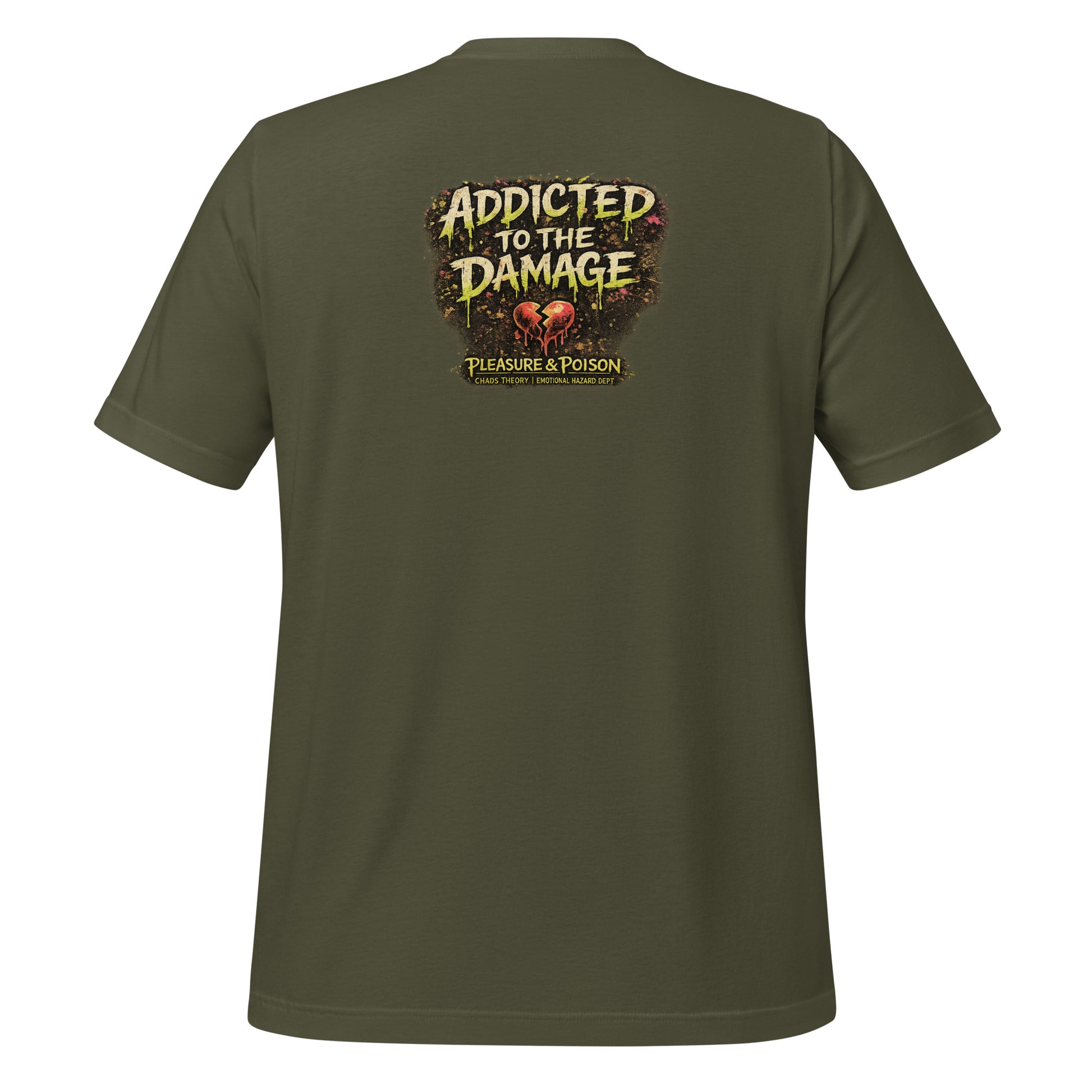 Back view of Pleasure & Poison T-Shirt showing Addicted to the Damage back graphic design