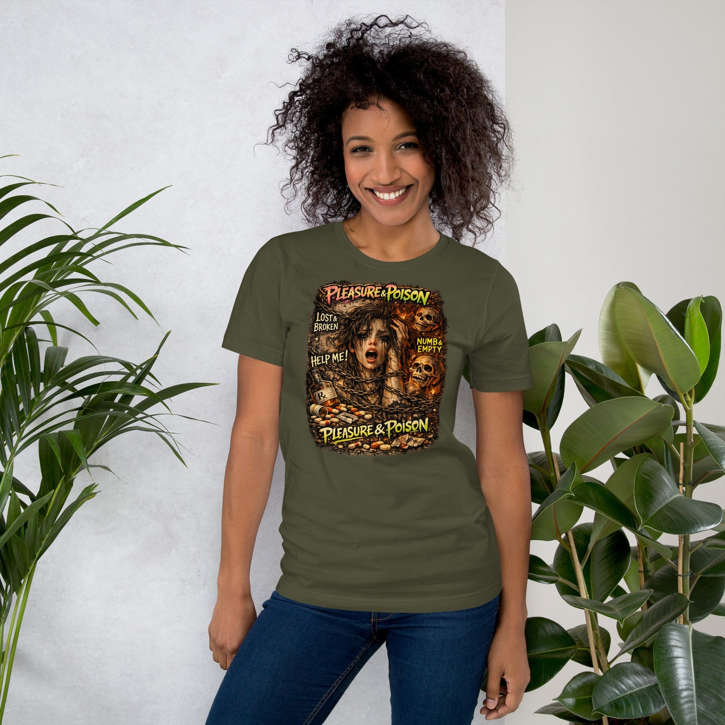 Model wearing Pleasure & Poison T-Shirt with dark mental health streetwear styling